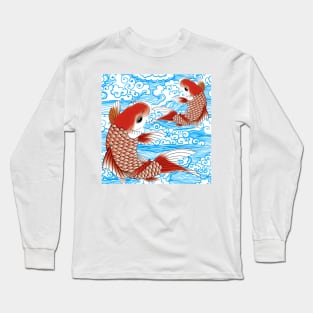 Red Koi fish and blue waves Japanese style pattern Long Sleeve T-Shirt